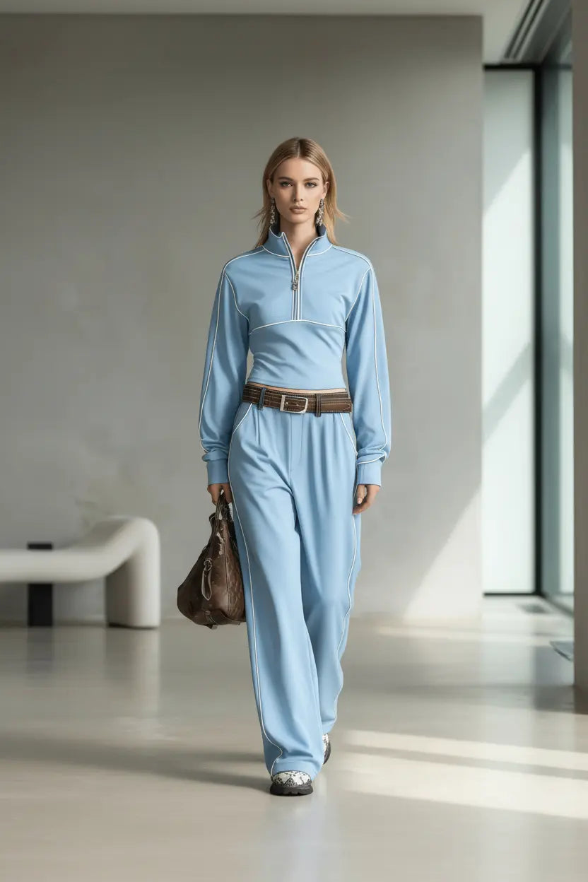 Women's Sportswear Set Zip Top and Wide Leg Pants Style