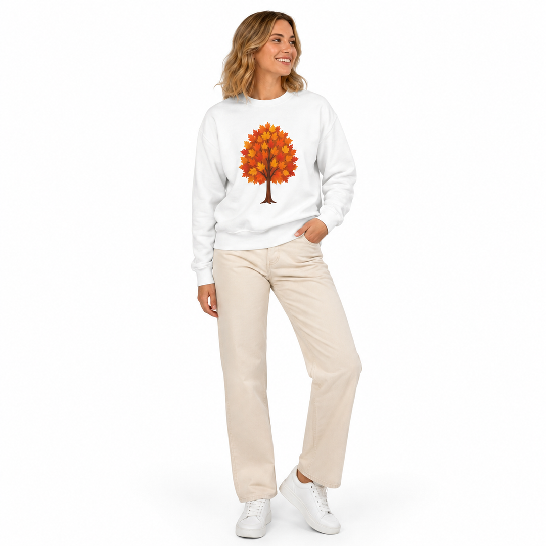 Fall sweatshirt with vibrant autumn tree graphic, relaxed unisex crewneck fit and cozy fleece look on clean white background.