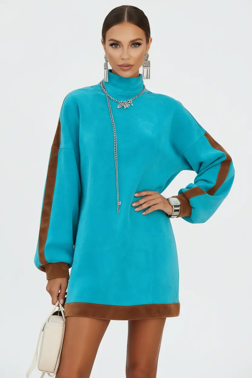 High-Neck Velvet Sweatshirt Dress – Oversized Chic Fit