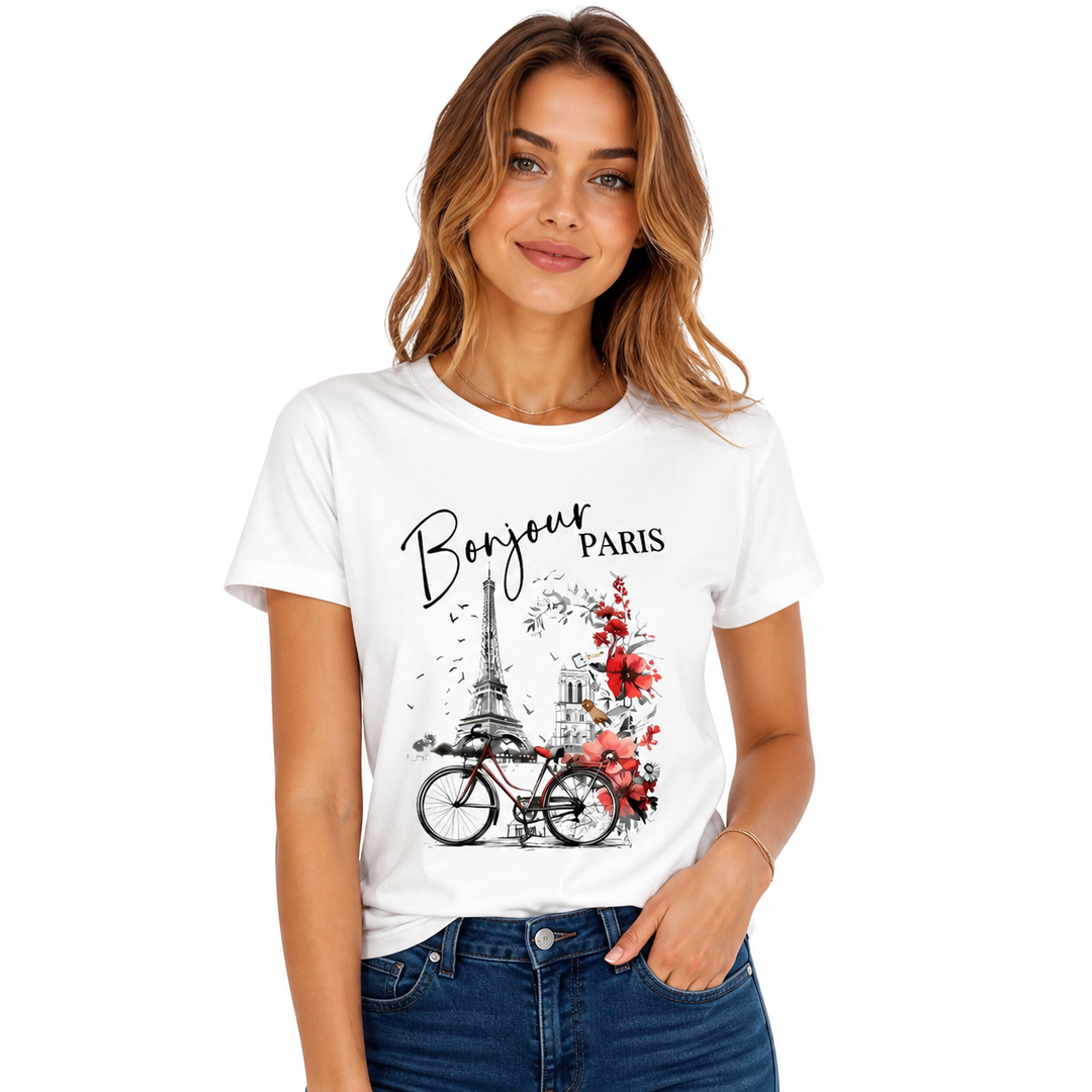 Bonjour Paris graphic tee on model with jeans in a clean studio front view