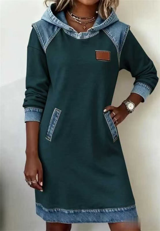 Denim Color Matching Ladies Hoodie Skirt Set Style Elite