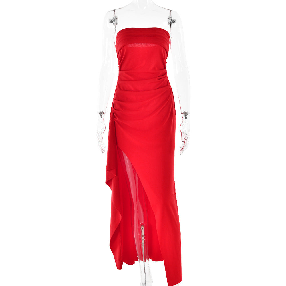 Strapless Pleated Maxi Dress Elegant Split Style Summer