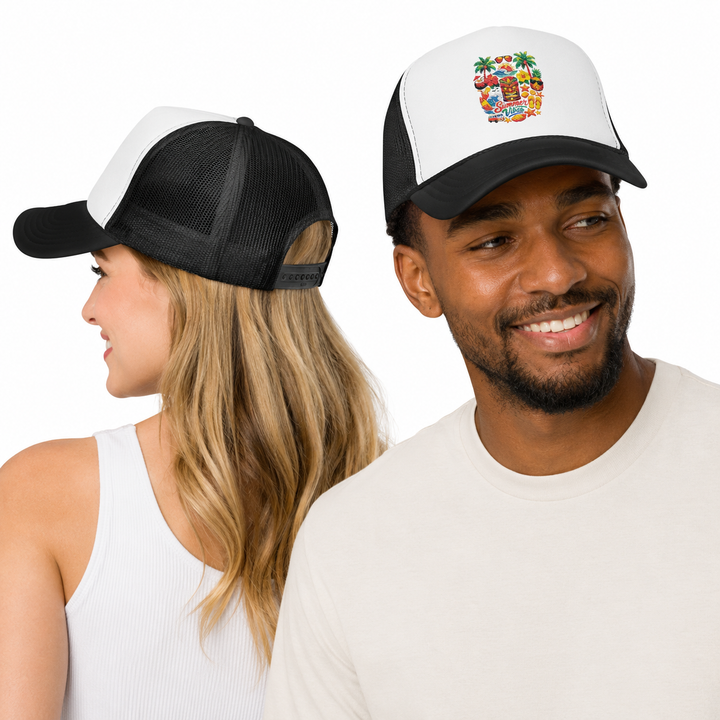 Rear view of trucker cap showing quality black mesh panels, reinforced seams and adjustable plastic snapback closure.