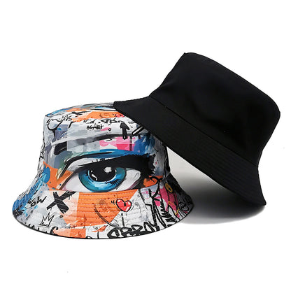 printed bucket hat white eyes design with colorful accents, packable sun hat for hiking, commuting, and weekend getaways
