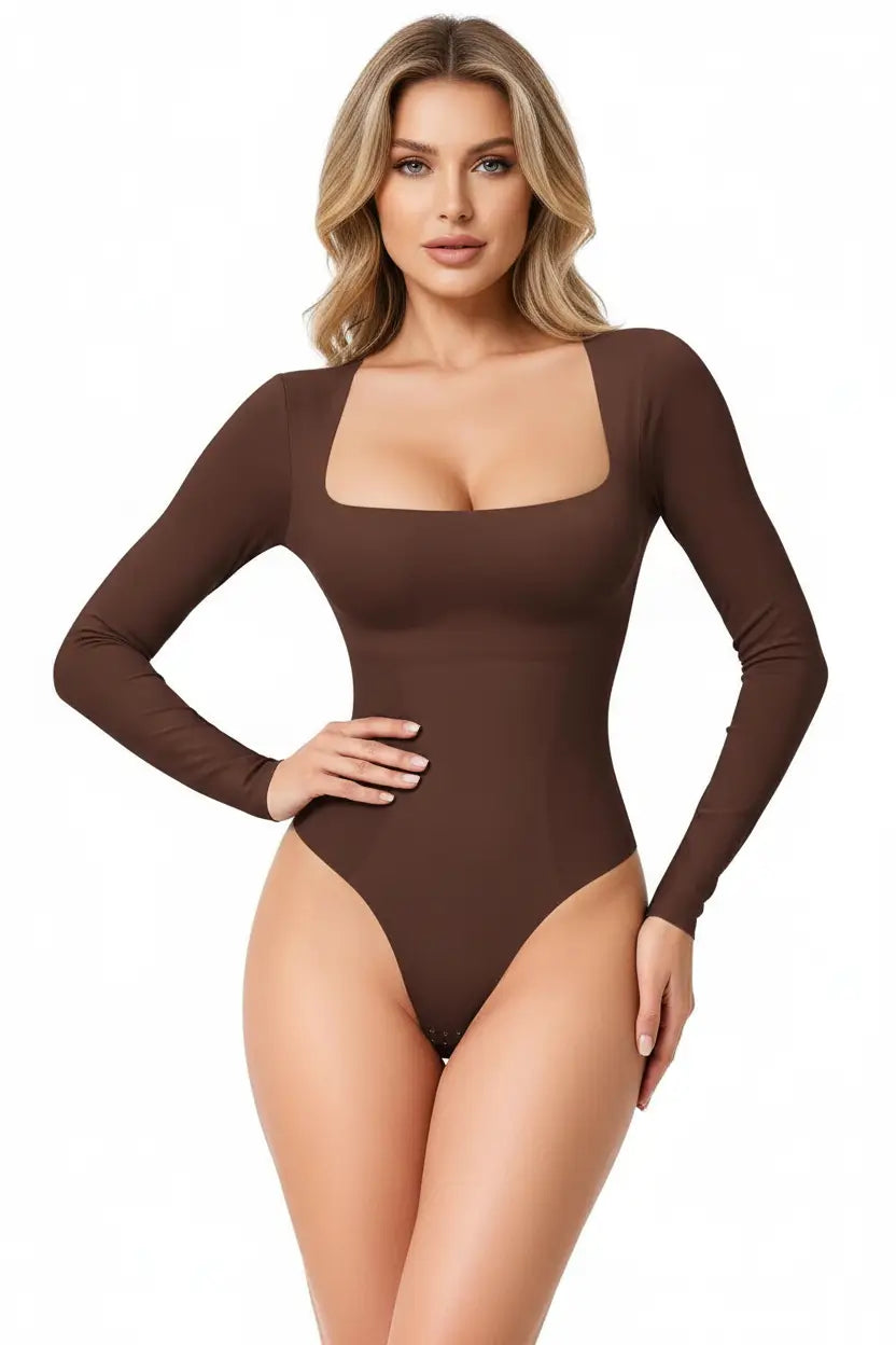 Long sleeve square neck tummy shaper bodysuit seamless slim fit construction for all-season styling