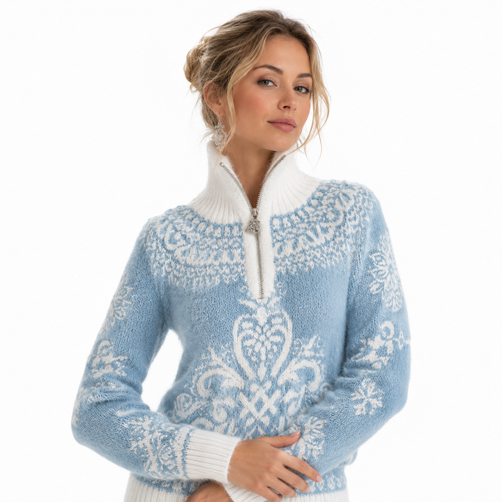 Women’s zip up hooded winter jacket shown from front view