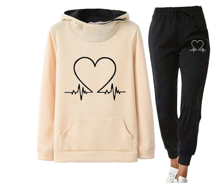 Love Heart Printed Women's Sports Suit Hooded Top & Pants