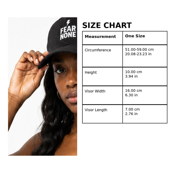 Fear None denim cap size chart with model and one size measurements