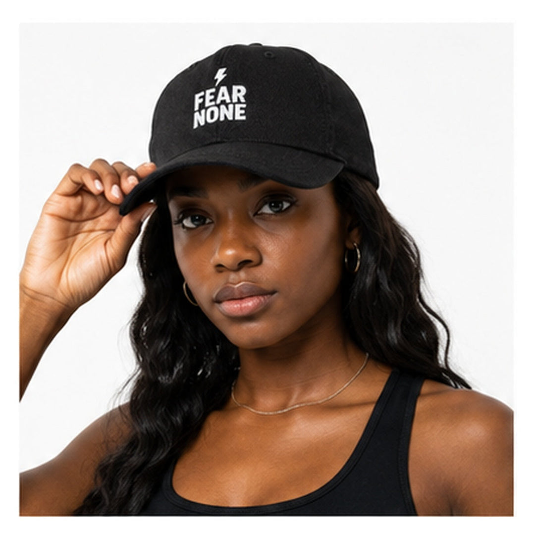 Close-up of Fear None embroidered black denim cap on female model