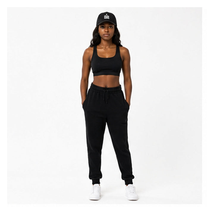 Fear None black denim cap on female model, full front studio view