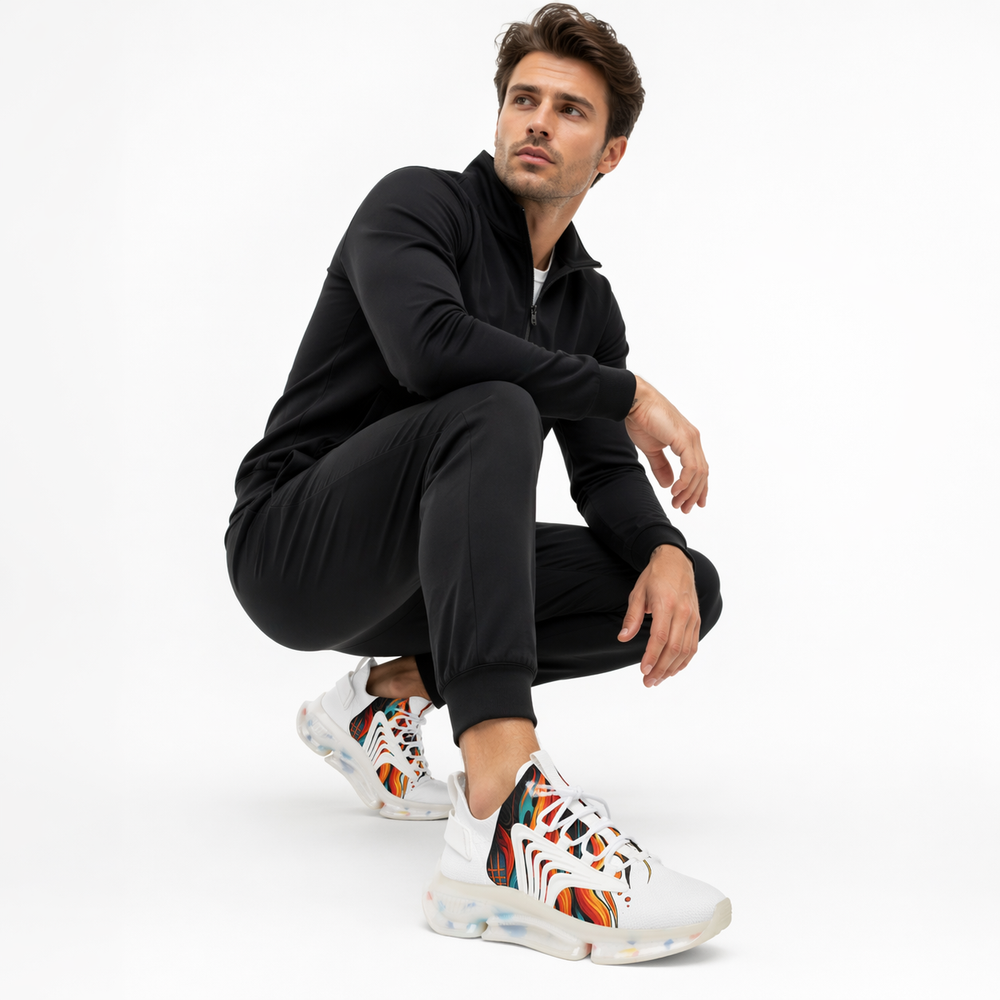Side view of lightweight men's sneakers showing breathable mesh upper and flexible everyday profile