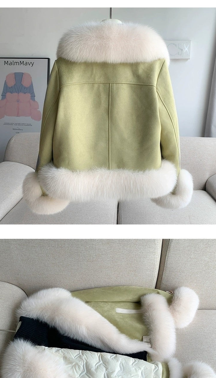 100cm long faux fur coat khaki back view showing perfect hem length