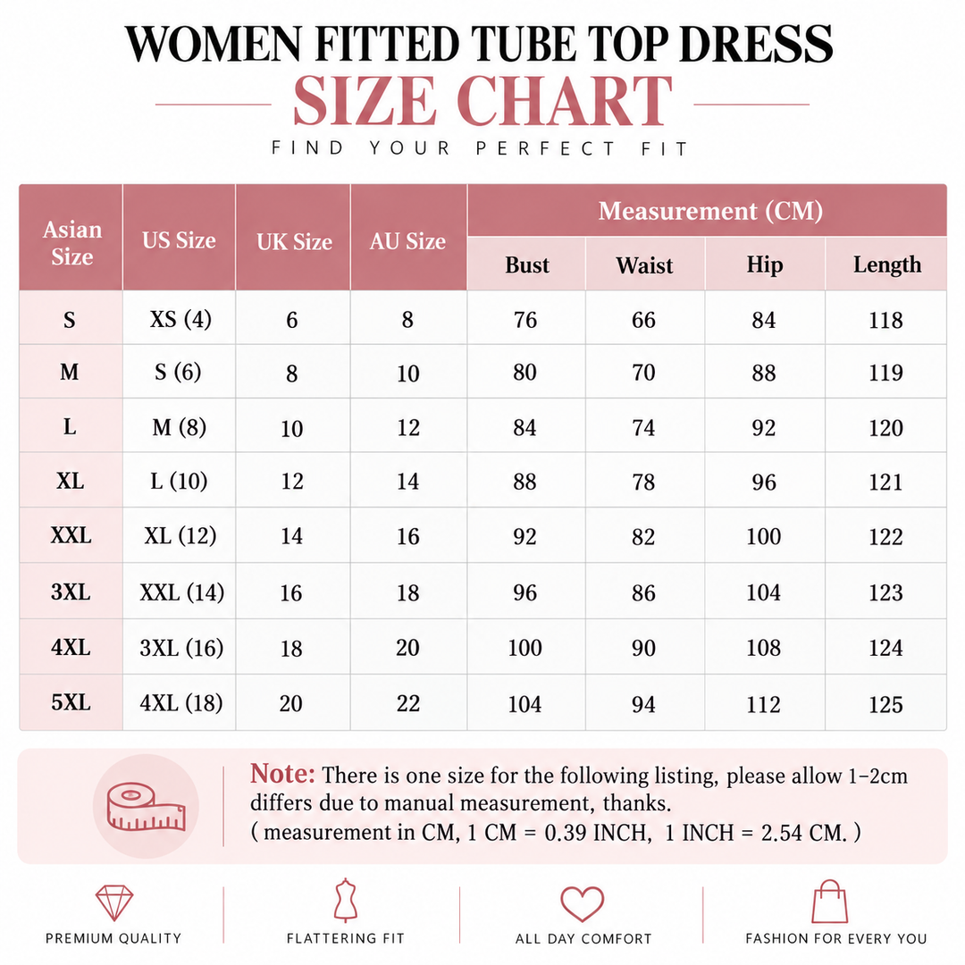 Size chart for fitted strapless dress with S to 5XL measurements in centimeters