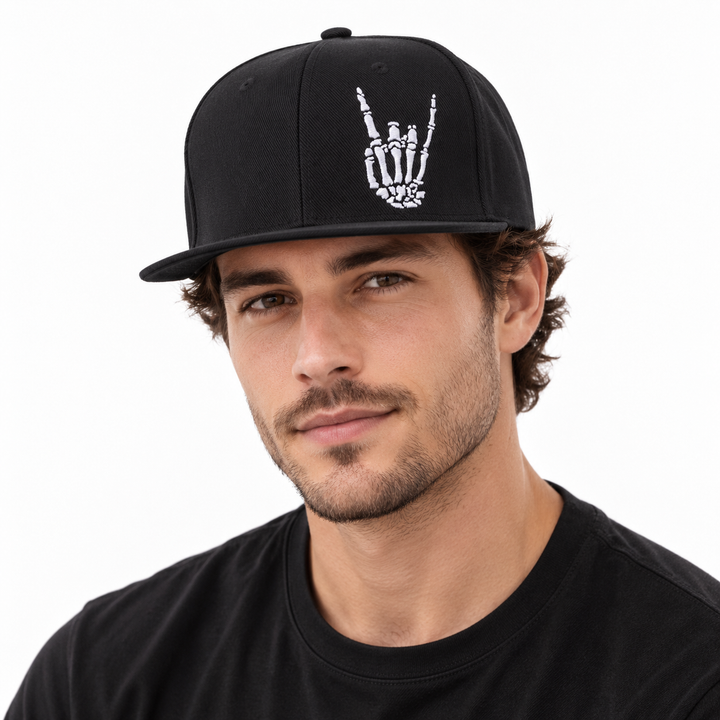 Flat brim baseball cap worn by a male model in a casual streetwear look, highlighting its adjustable fit and everyday styling