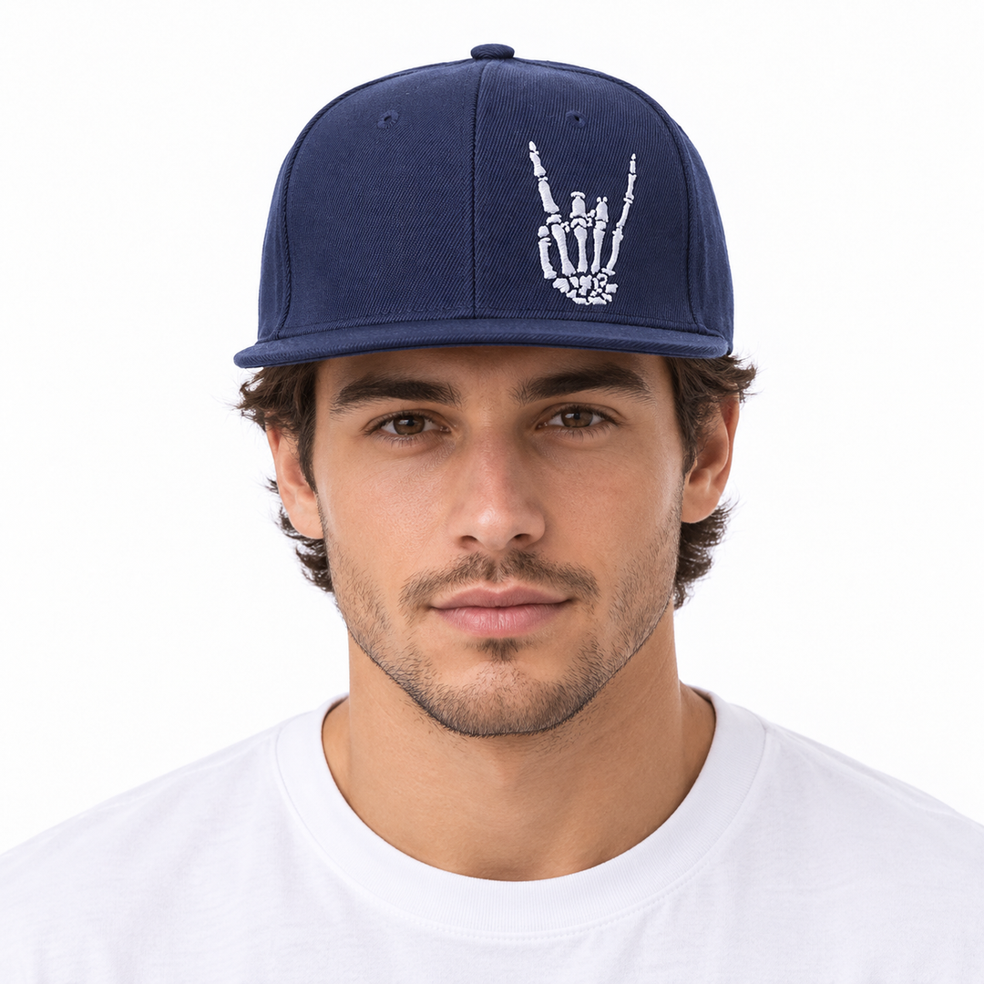 Flat brim baseball cap front view showing the broad brim and cap design for men&