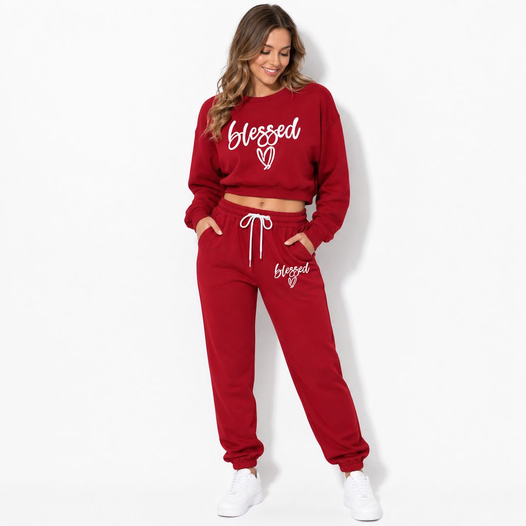Red Blessed fleece two-piece set front detail view