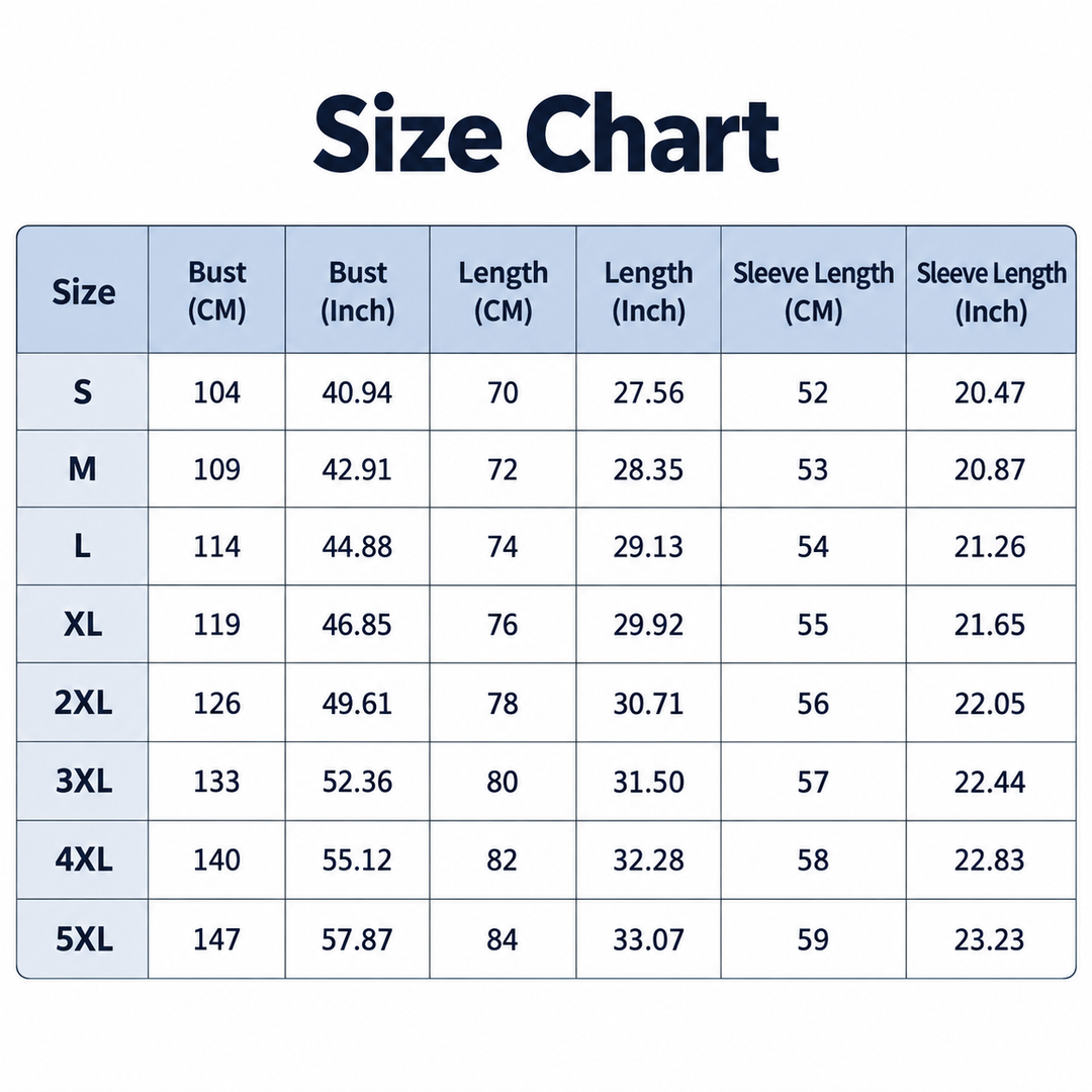 Size chart for floral sweatshirt, S to 5XL in centimeters and inches