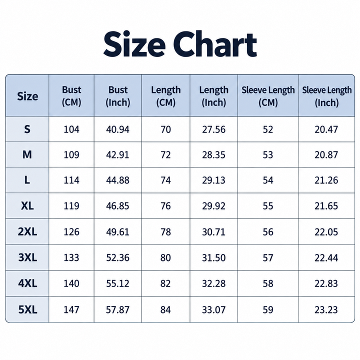 Size chart for floral sweatshirt, S to 5XL in centimeters and inches