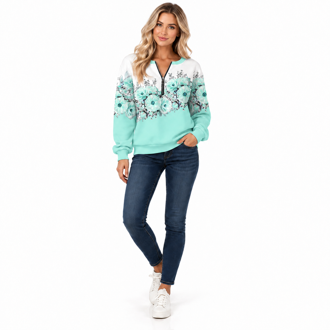 Mint floral quarter zip sweatshirt, front model view