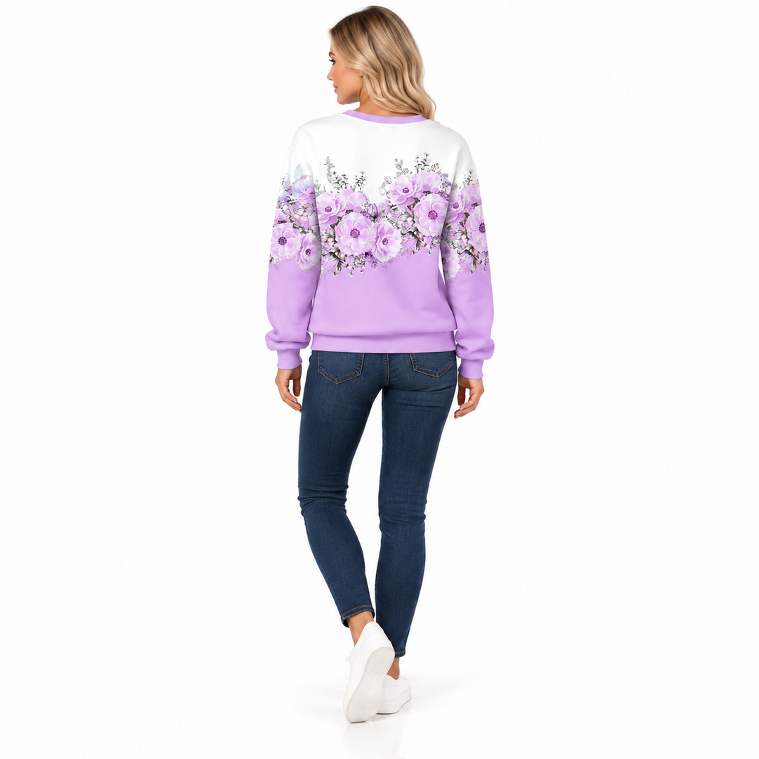 Lavender floral pullover, AI illustration of back view
