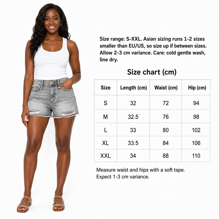 Fringe denim shorts size chart with model showing S to XXL length, waist and hip measurements.