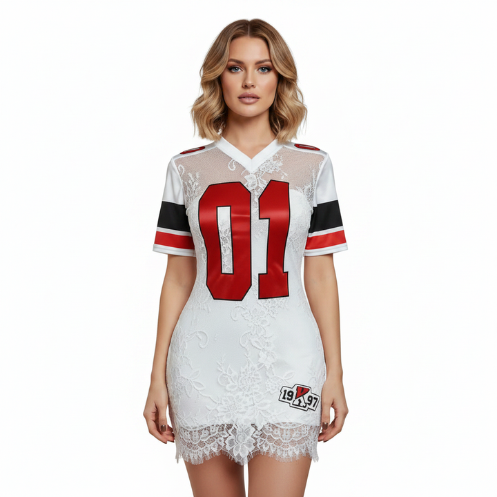 White lace embroidered short dress with high waist fit, A-line skirt, short sleeves and sporty red detail for evening styling