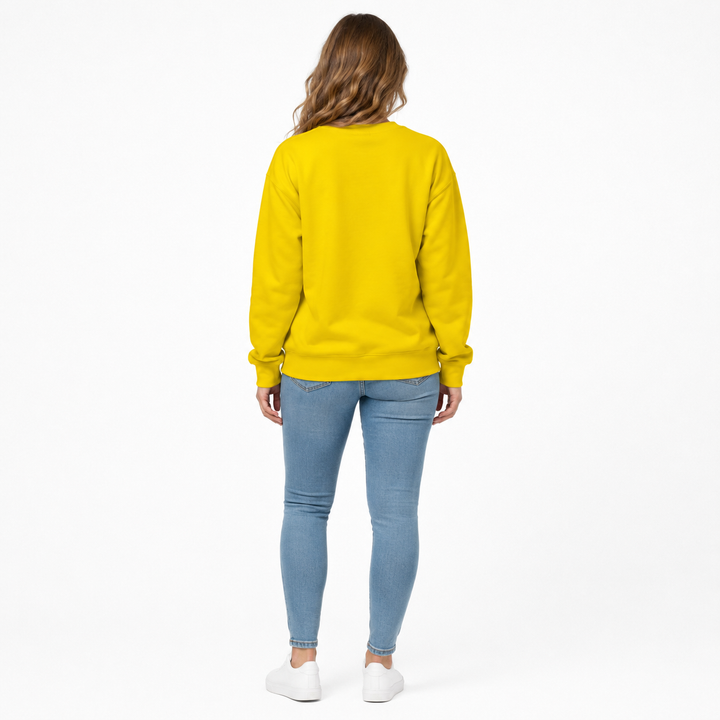 Fruit garden unisex sweatshirt yellow back view on woman model