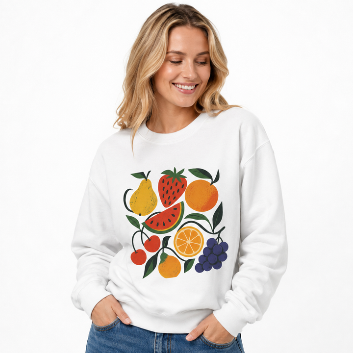 Fruit garden unisex sweatshirt white close-up showing fruit print and fabric