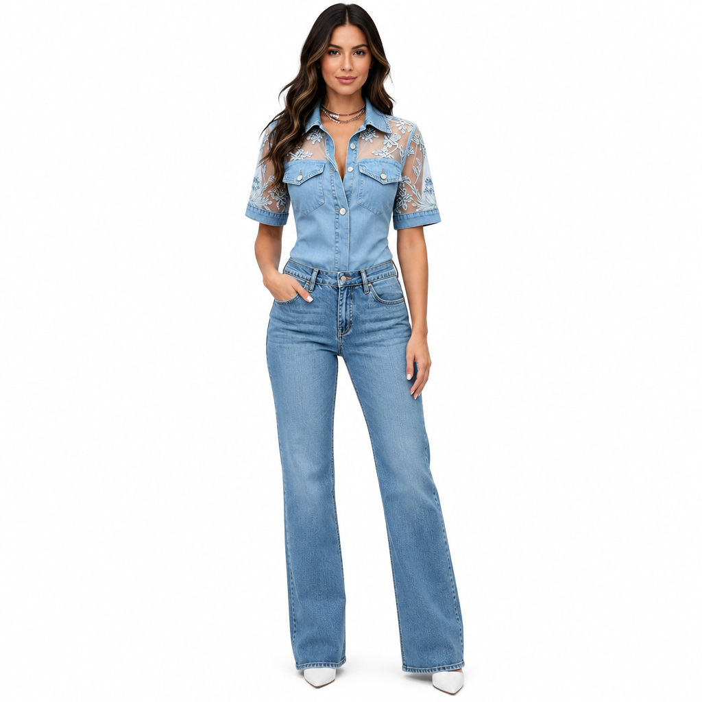 Plus size lace blouse in light blue denim look on a full-body model
