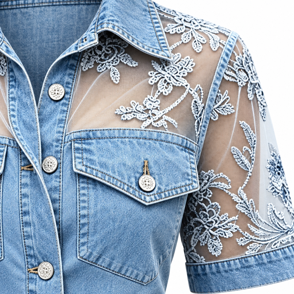 Plus size lace blouse close-up showing denim look fabric and lace detail