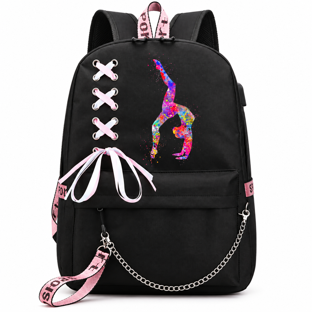 Dance backpack in black with pink ribbon lacing, watercolor handstand gymnast artwork and silver chain on a white background.