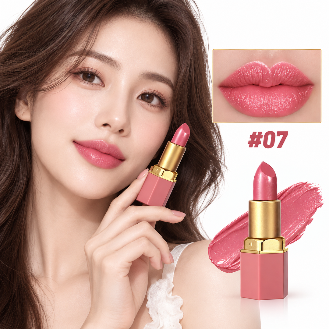 Model wearing gold bar lipstick shade 07 with matching product, lip close-up and swatch on a clean white background.