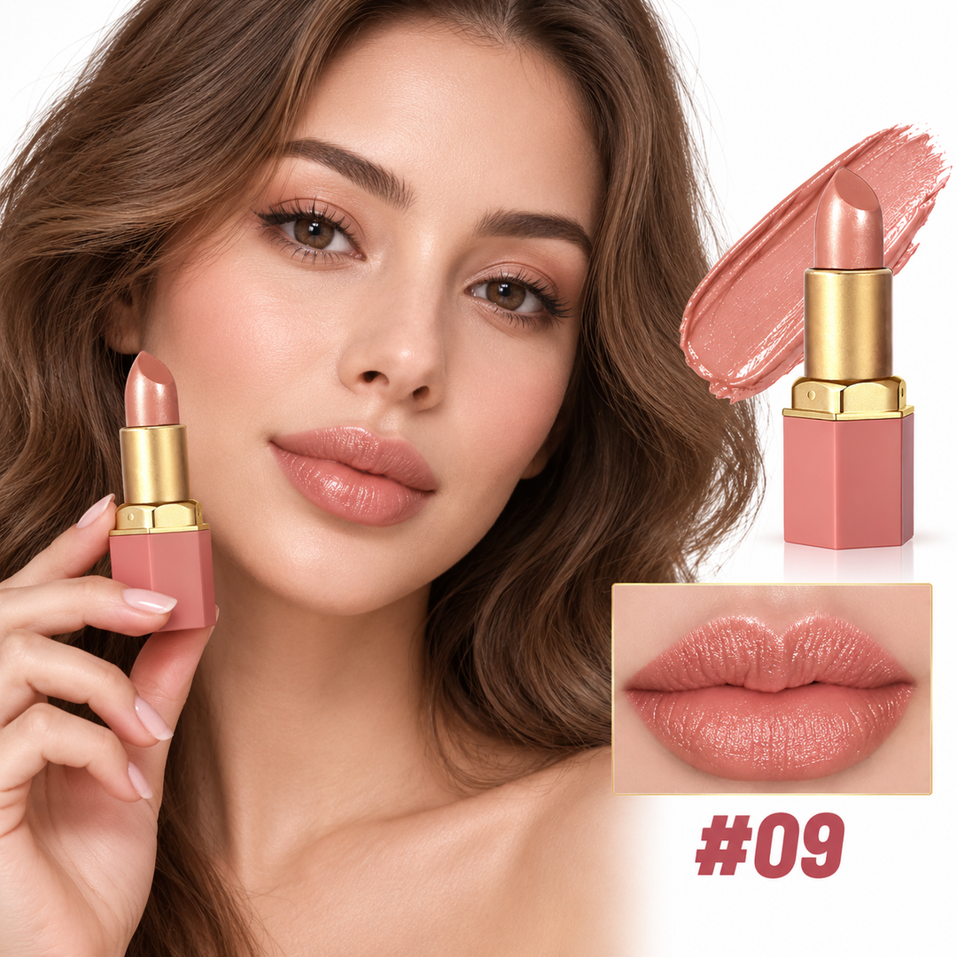 Model wearing gold bar lipstick shade 09 with matching product, lip close-up and swatch on a clean white background.