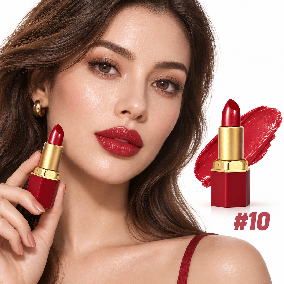 Model wearing gold bar lipstick shade 10 with matching product and red swatch in a clean professional beauty image.