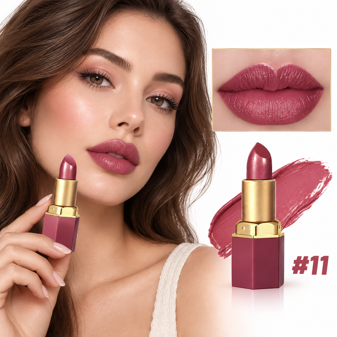Model wearing gold bar lipstick shade 11 with matching mauve rose product, lip close-up and swatch on white.