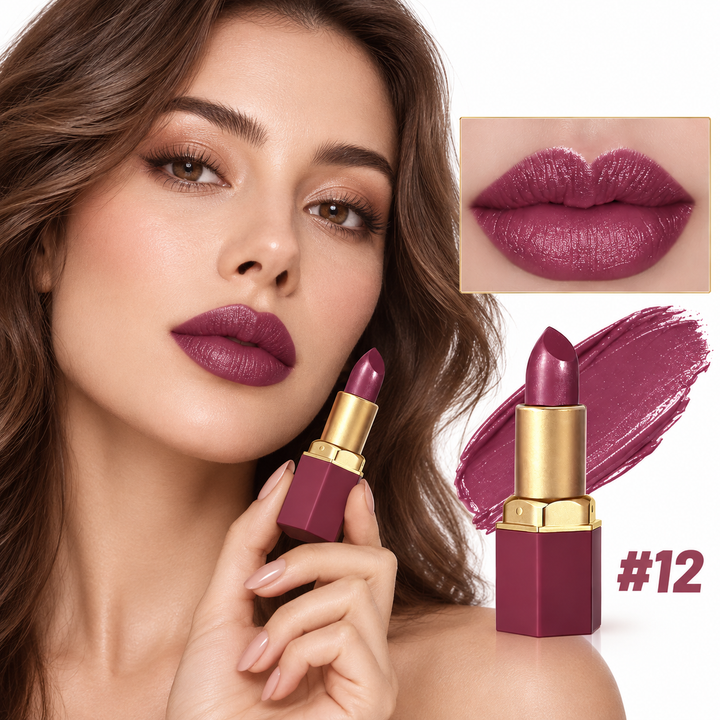 Model wearing gold bar lipstick shade 12 with matching deep plum product, lip close-up and swatch on white.
