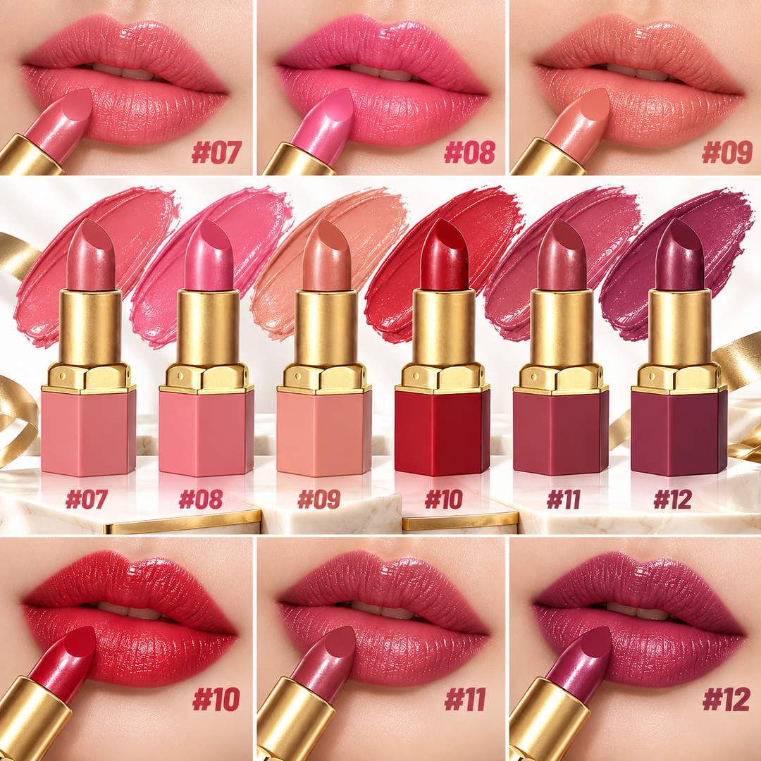 Close-up beauty collage showing gold bar lipstick shades 07 to 12 with matching swatches and lip color details.