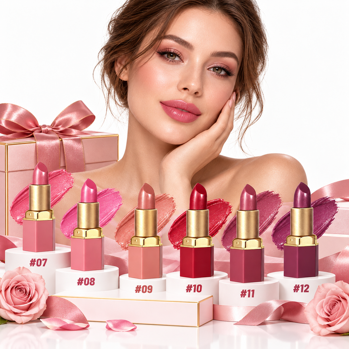 Gift-ready display of gold bar lipstick shades 07 to 12 with a model, matching swatches and elegant white studio styling.
