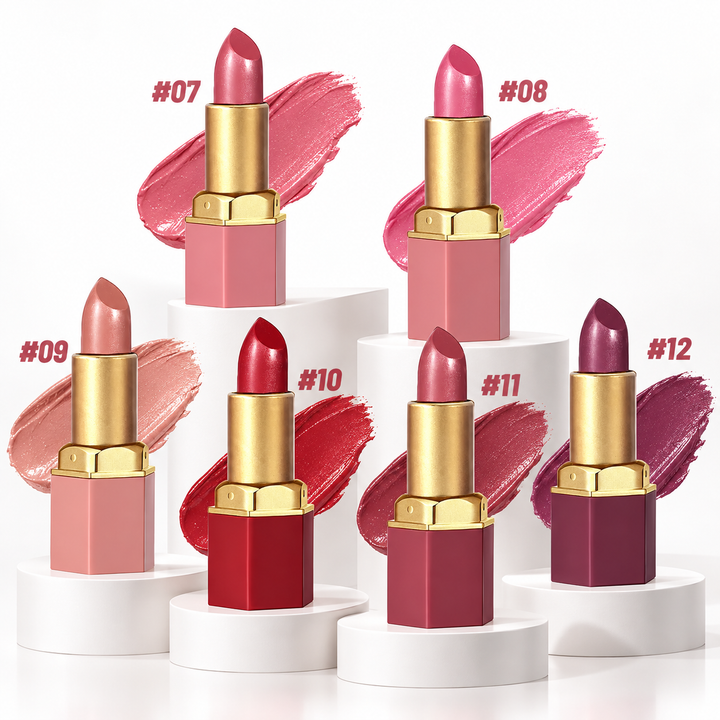 Six gold bar lipstick shades from 07 to 12 arranged on white display risers with matching color swatches.