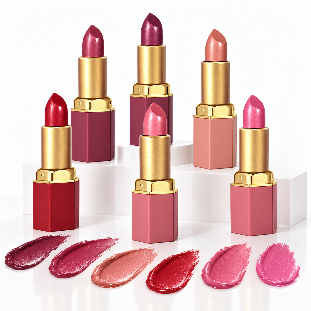 Six gold bar lipsticks arranged on a white studio set with matching swatches to show the verified shade range.