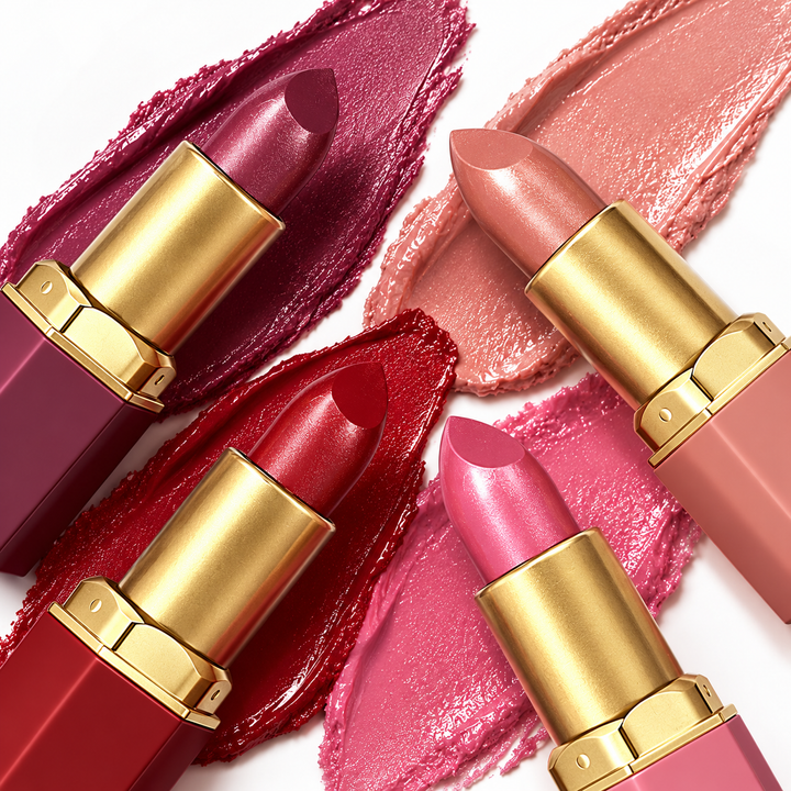 Close-up of gold bar lipstick bullets and matching swatches showing color and product detail on a white background.