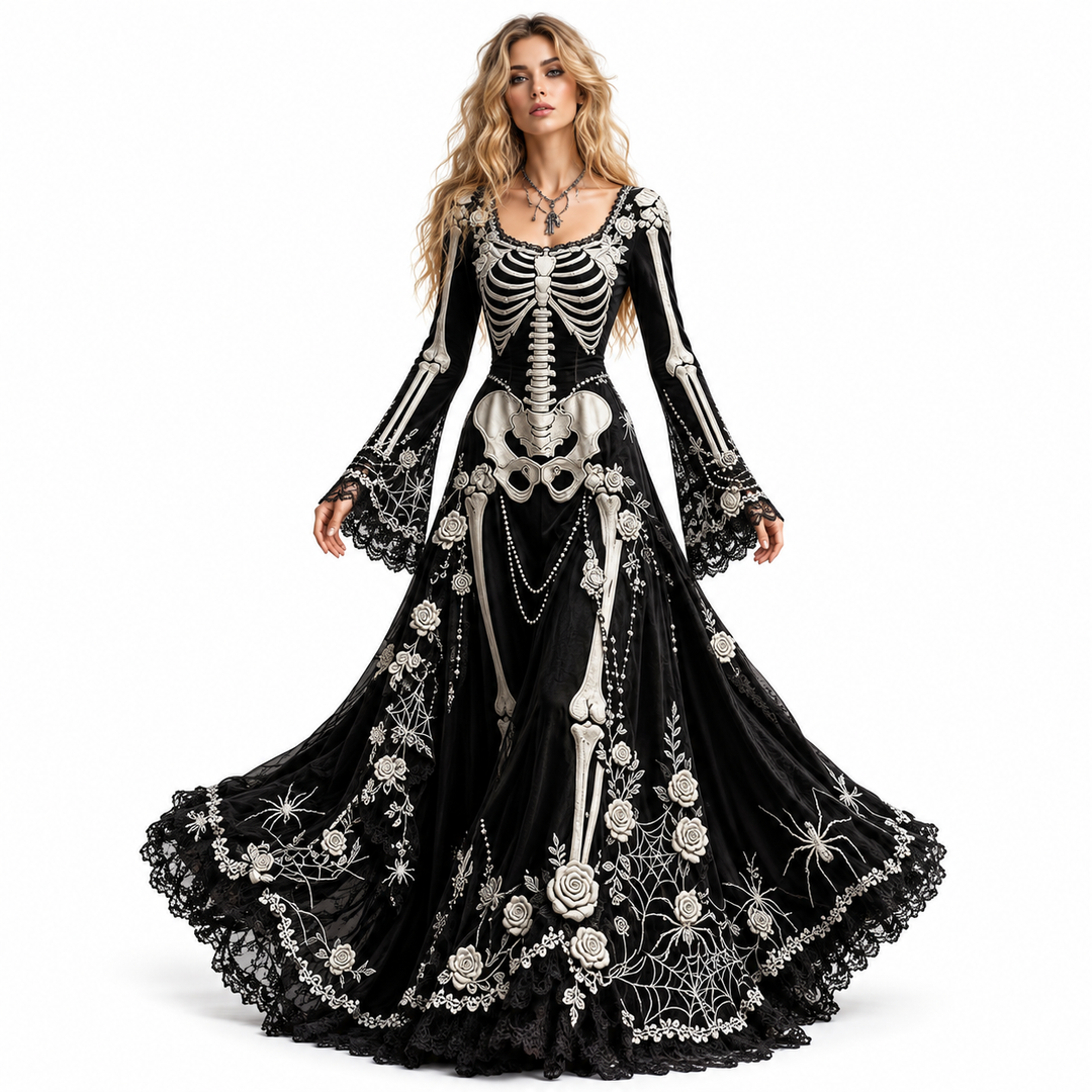 Black gothic skeleton maxi dress with bell sleeves and floral details
