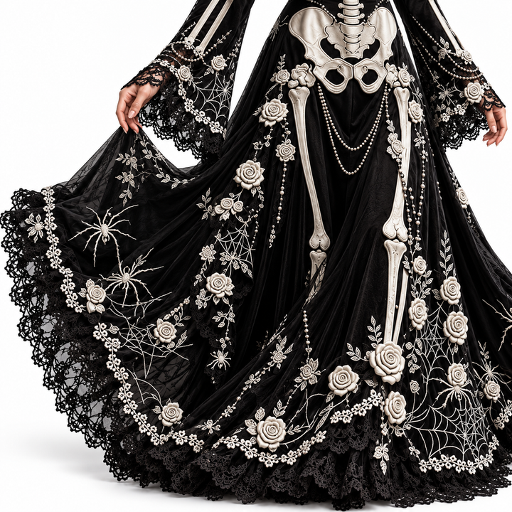 Black gothic dress skirt with skeleton, floral and web details