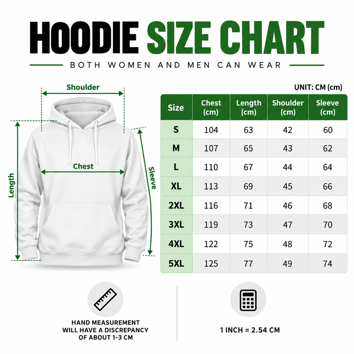 Graphic hoodie size chart S to 5XL with verified measurements