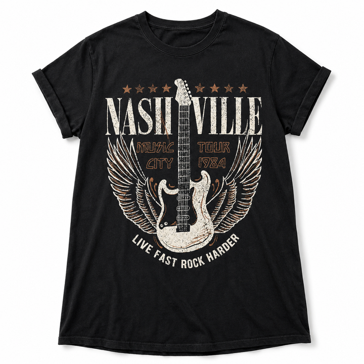 Black short sleeve tee dress laid flat, showing the complete Nashville guitar and wings graphic.