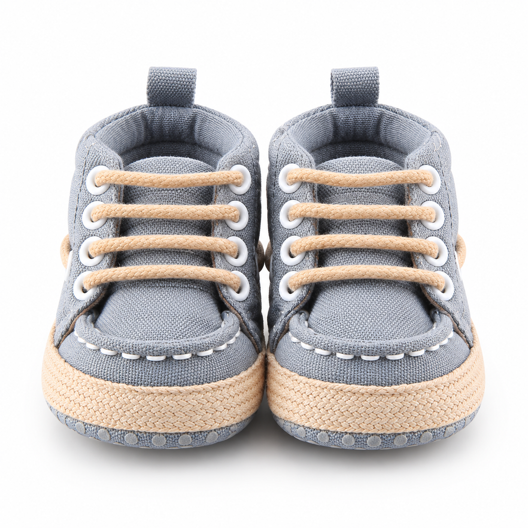 Gray baby canvas crib shoes front view with lace-up design
