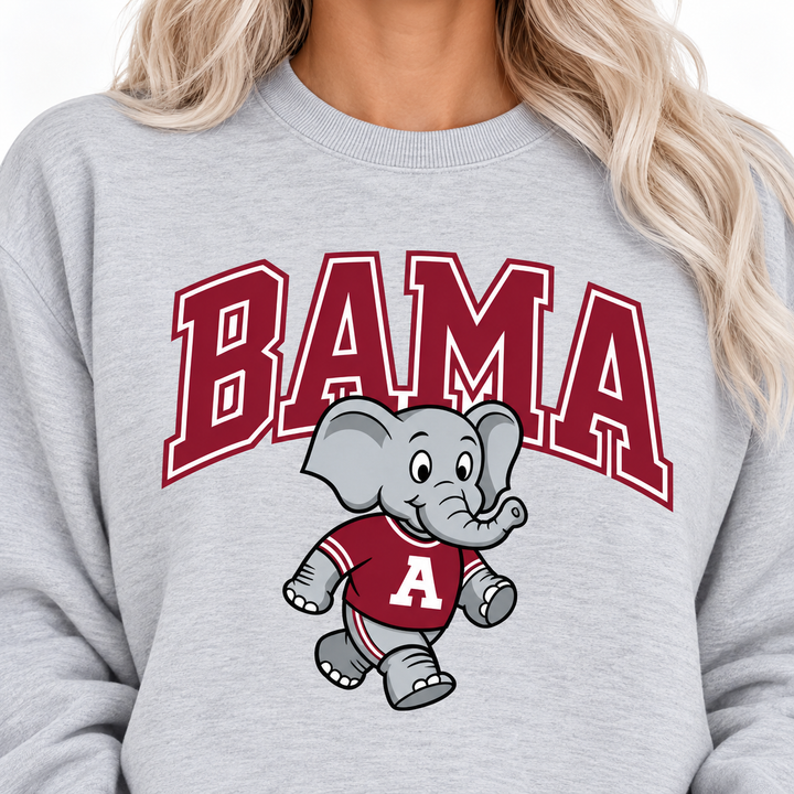 Gray crewneck sweatshirt front view with elephant graphic and collegiate-style lettering