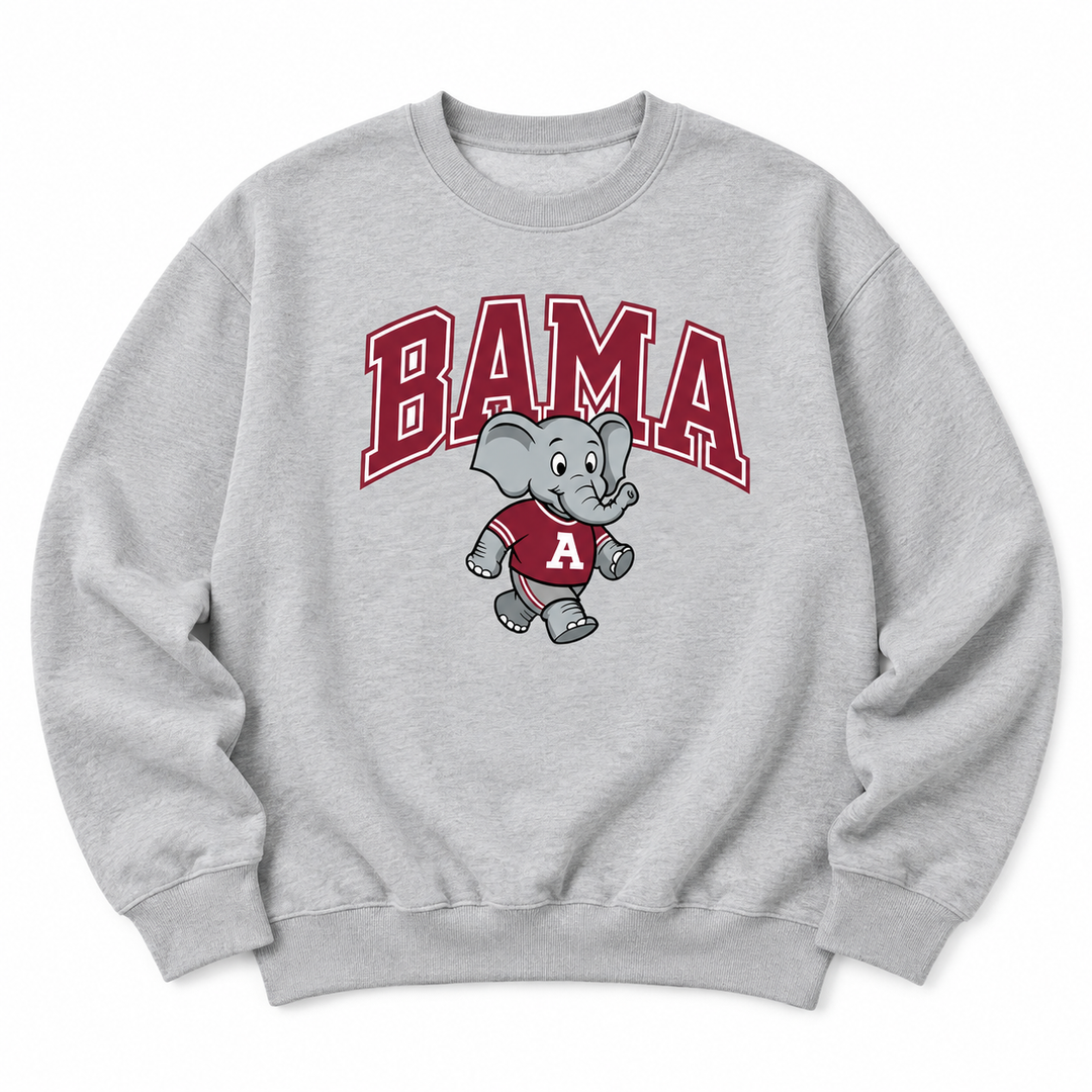 Gray crewneck sweatshirt with elephant mascot graphic and collegiate-style front lettering