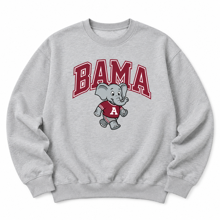 Gray crewneck sweatshirt with elephant mascot graphic and collegiate-style front lettering