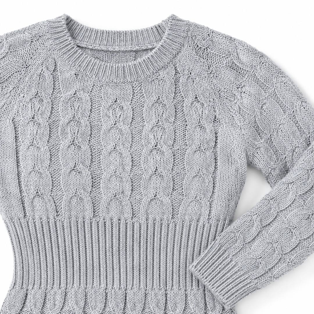Gray cable knit sweater dress neckline cuff and waist detail